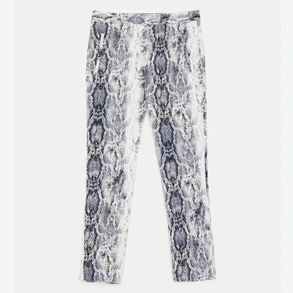 Zara Cigarette Trousers Snakeskin Print Pants Ankle Cropped Grey White Small - Picture 2 of 16